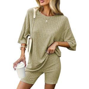 Ekouaer Pajamas 2 Piece Lounge Sets Ribbed Knit Matching Outfits T-shirt Biker Shorts Sleepwear Loungewear Sweatsuits (Green, S)