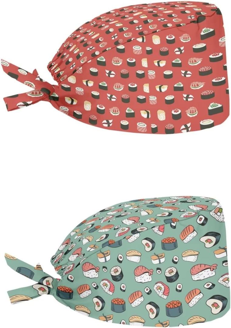 Babrukda 2 Pack Scrub Cap with Sweatband Adjustable Tie Back Turban Hat Headgear Beanie for Women Men Working Cap (One Size, Cute Sushi)