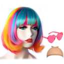 Short Bob Hair Wigs Straight with Flat Bangs Synthetic Colorful Cosplay Daily Party Neon Wig for Women + Free Wig Cap 12" Natural As Real (Mixed color) (Mixed color)