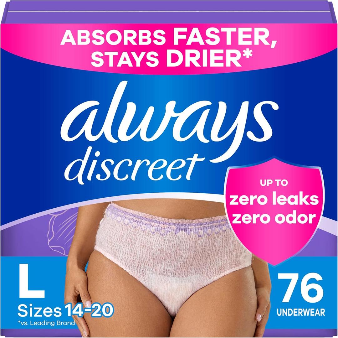 Always Discreet Adult Incontinence Underwear for Women and Postpartum Underwear, Large, Up to 100% Bladder Leak Protection, 76 Count (2 Packs of 38) Always Discreet Adult Incontinence Underwear for Women and Postpartum Underwear, Large, Up to 100% Bladder Leak Protection, 76 Count (2 Packs of 38)