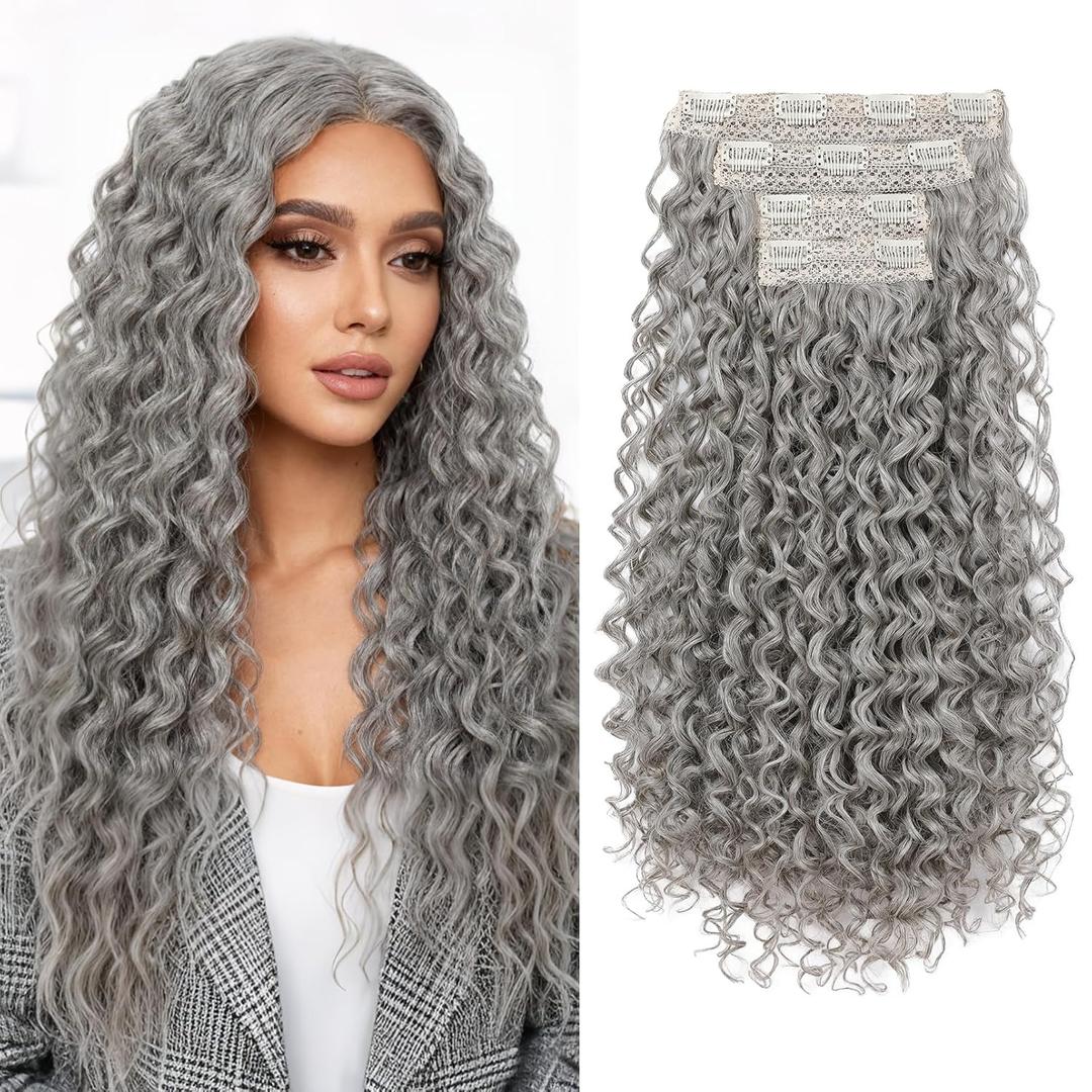 Flufymooz Clip in Hair Extensions, 4PC 100 Pure Protein Silk Hair Extensions Long Soft Natural Hairpiece 20 Inch Curly Hair Extension for Women-Grey