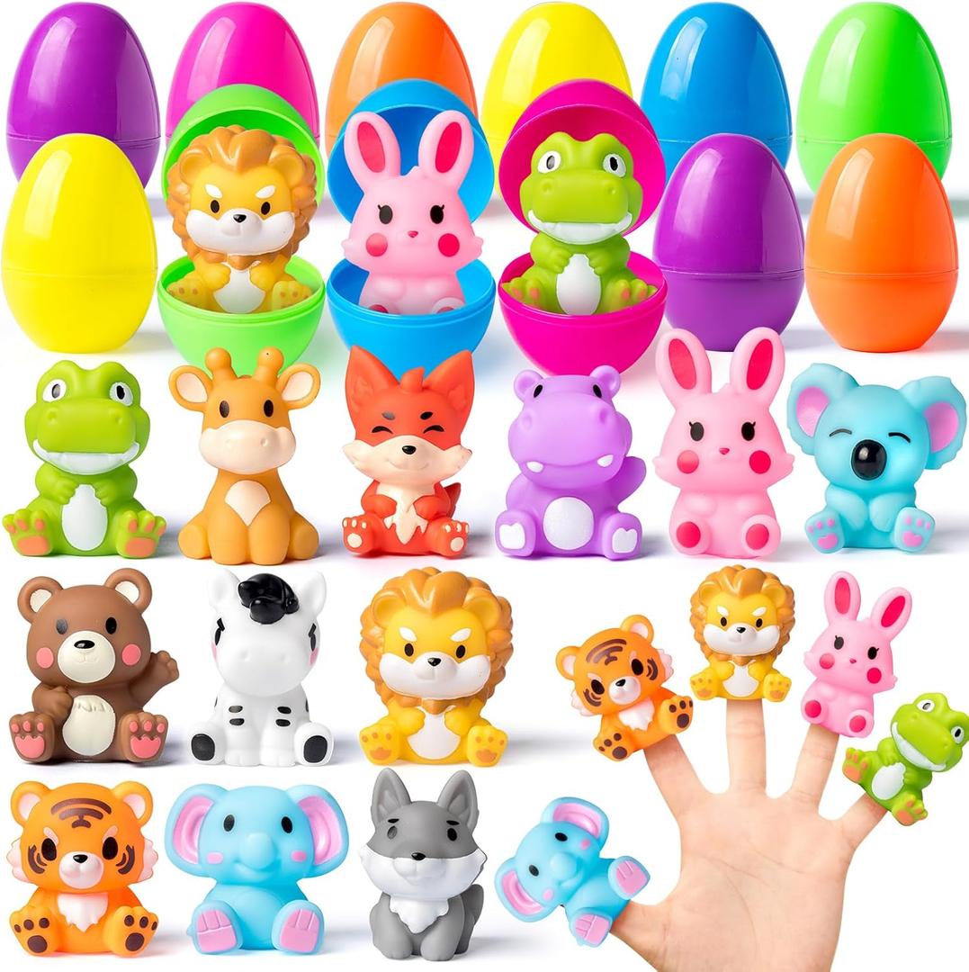 12 Pack Prefilled Easter Eggs with Finger Puppets, Prefilled Easter Eggs with Toys for Easter Egg Hunts, Basket Stuffers, Party Favors, Classroom Prizes, Easter Gifts for Kids and Toddlers