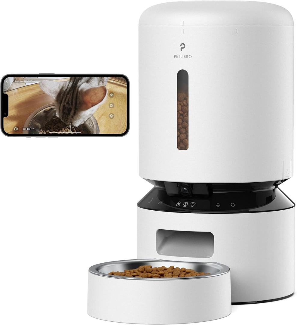 PETLIBRO Automatic Cat Feeder with Camera, 1080P HD Video with Night Vision, 5G WiFi Pet Feeder with 2-Way Audio, Low Food & Blockage Sensor, Motion & Sound Alerts for Cat & Dog Single Tray (White)