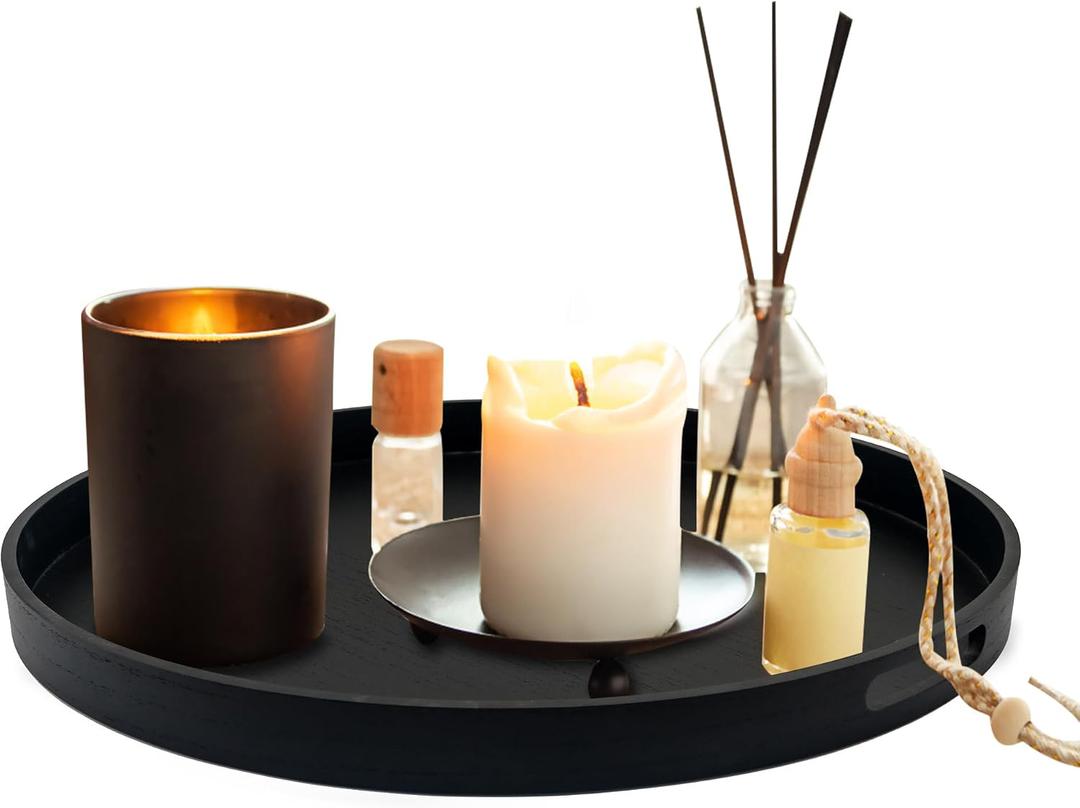FramePro Large Round Wooden Coffee Table Trays 20" - Multi-Functional Home Decor Ottoman Serving Platter Black