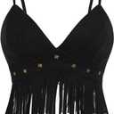 OYOANGLE Women's Y2K Fringe Sleeveless Spaghetti Strap Faux Suede Vintage Hippie Crop Top Blouse (Medium, Black)