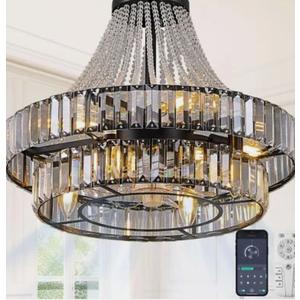 HEMLDAN 24" Double Layer Crystal Caged Ceiling Fan Light Modern Smart Fandeli...