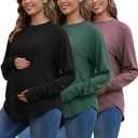Bhome Maternity Shirts 3 Packs Long Sleeve Pregnancy Tops Loose Fit Casual Blouses with Thumb Holes (Medium, Black / Green / Burgundy)