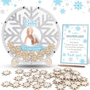 64 Pcs Baby Shower Guest Book Alternatives a Little Snowflake Is on the Way Baby Shower Decorations Wooden Winter Christmas Baby Its Cold Outside Picture Frame Keepsakes for Guests Boy Gender Reveal