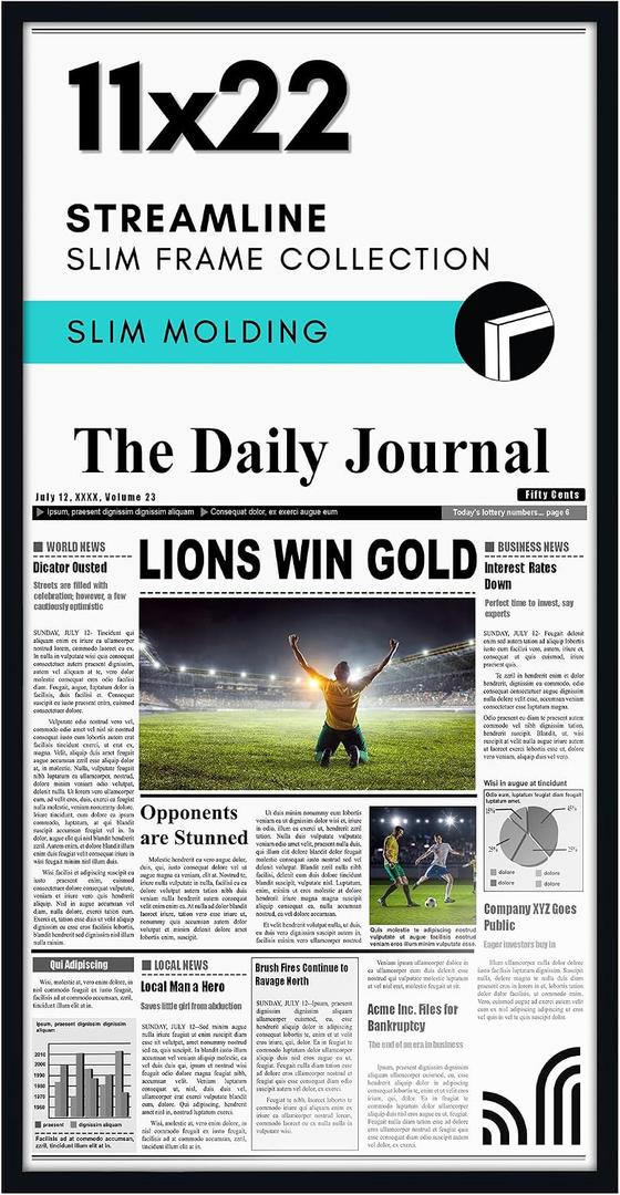 Americanflat 11x22 Newspaper Frame with Polished Plexiglass - Display for Assorted Media Articles - Streamline Collection - Thin Border Picture Frame for Wall Display - Black