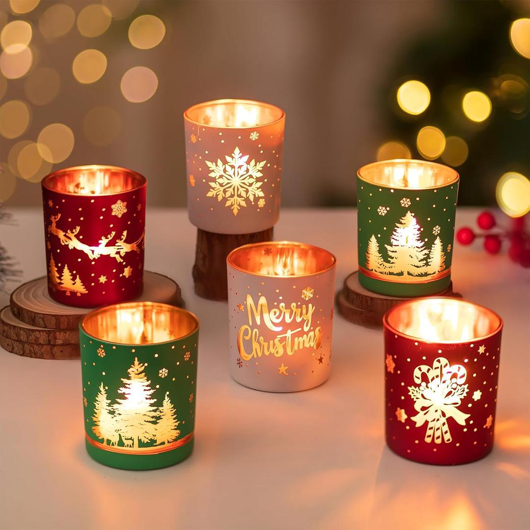 Hewory Christmas Votive Candle Holders: Christmas Tea Light Candle Holder Set of 6, Cylinder Glass Candle Holders Centerpiece Christmas Decorations Indoor Home Decor for Table Fireplace Holiday Party