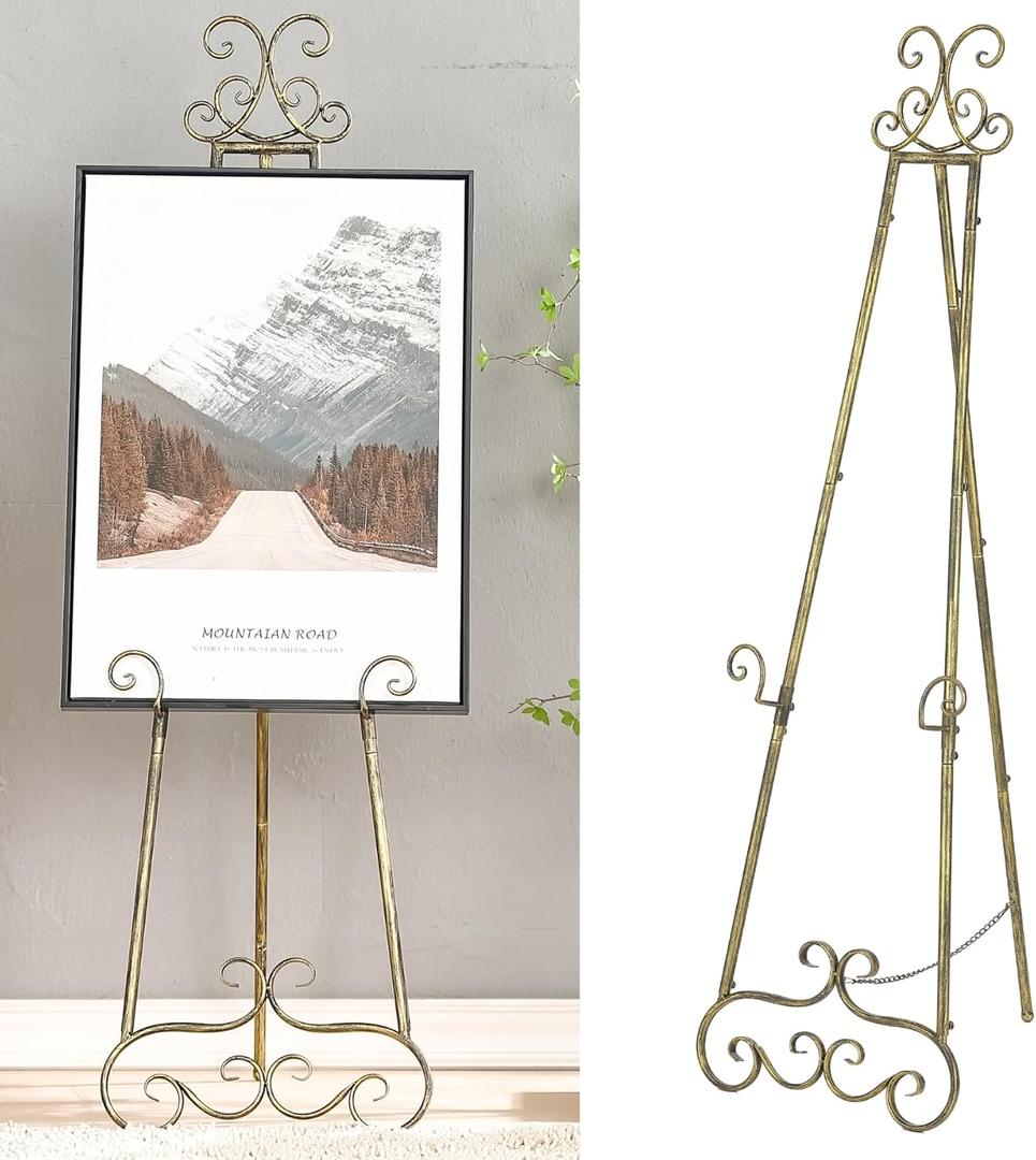 57H Metal Easel Stand for Sign Rustic, Upgrade Large Free Standing Adjustable Display Scroll Easel Stand, Heavy Duty for Mirror Pictures Wedding Holder Showcasing with Chain Support