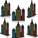 Vicenpal 6 Pcs Skyscraper Party Decorations Wooden Hero Theme Skyscraper Table Decor City Skyline Buildings Centerpiece Sign Decor for Hero Theme Comic Birthday Party Supplies