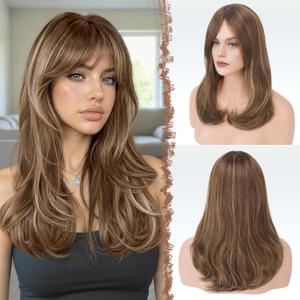 FESHFEN Wigs with Bangs for Women, Synthetic Natural Looking Long Layered Straight Hair Wig for Women Daily Party Use, 18 inch Brown Mixed Blonde