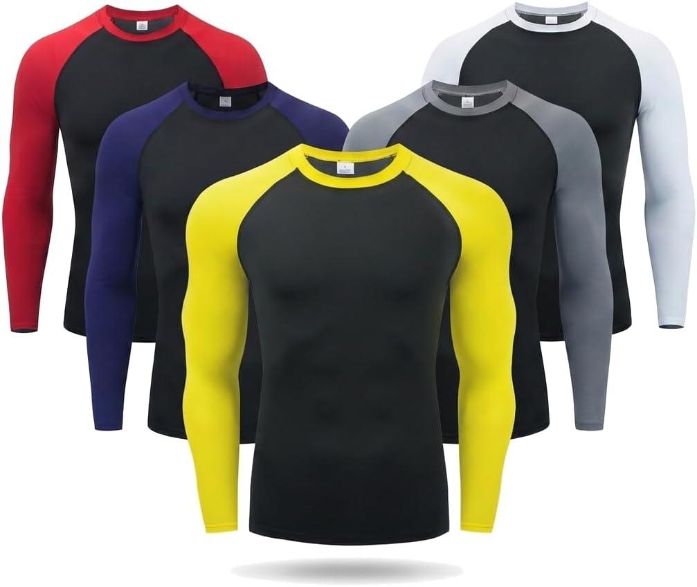 5 Pack Men's Long Sleeve Compression Shirts Base Layer, Dry Fit Moisture Wicking Running Gym Workout Athletic Top (X-Large, 5 Pack(black, White, Gray, Red, Blue))
