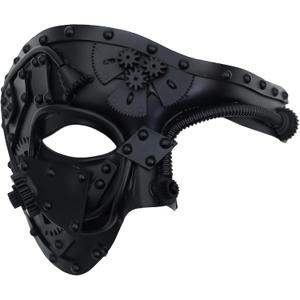 Ubauta Steampunk Cyborg Mask for Halloween: Handcrafted Plastic with Black Metallic Finish - DIY Repair Strip & Adjustable Fit (One Size)