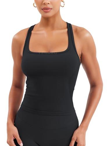 YEOREO Esteile Workout Tank Tops for Women Square Neck Sleeveless Camisole Tops Seamless Racerback Gym Athletic Yoga Shirts Black M