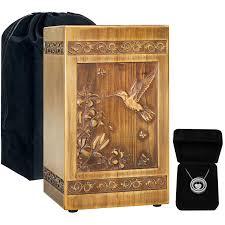 Wooden Urn for Ashes Adult Male Female, Handcrafted Large Cremation Urns Box for Human Ashes Adult Man Woman, Memorial Decorative Funeral Urn with Hummingbird Carvings, with Velvet Bag & Necklace