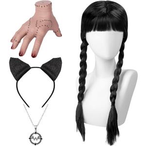 Halloween Black Braided Wig Accessories Include Pigtail Wig Creepy Hand, Necklace, and Headband Gothic Halloween Cosplay for Women
