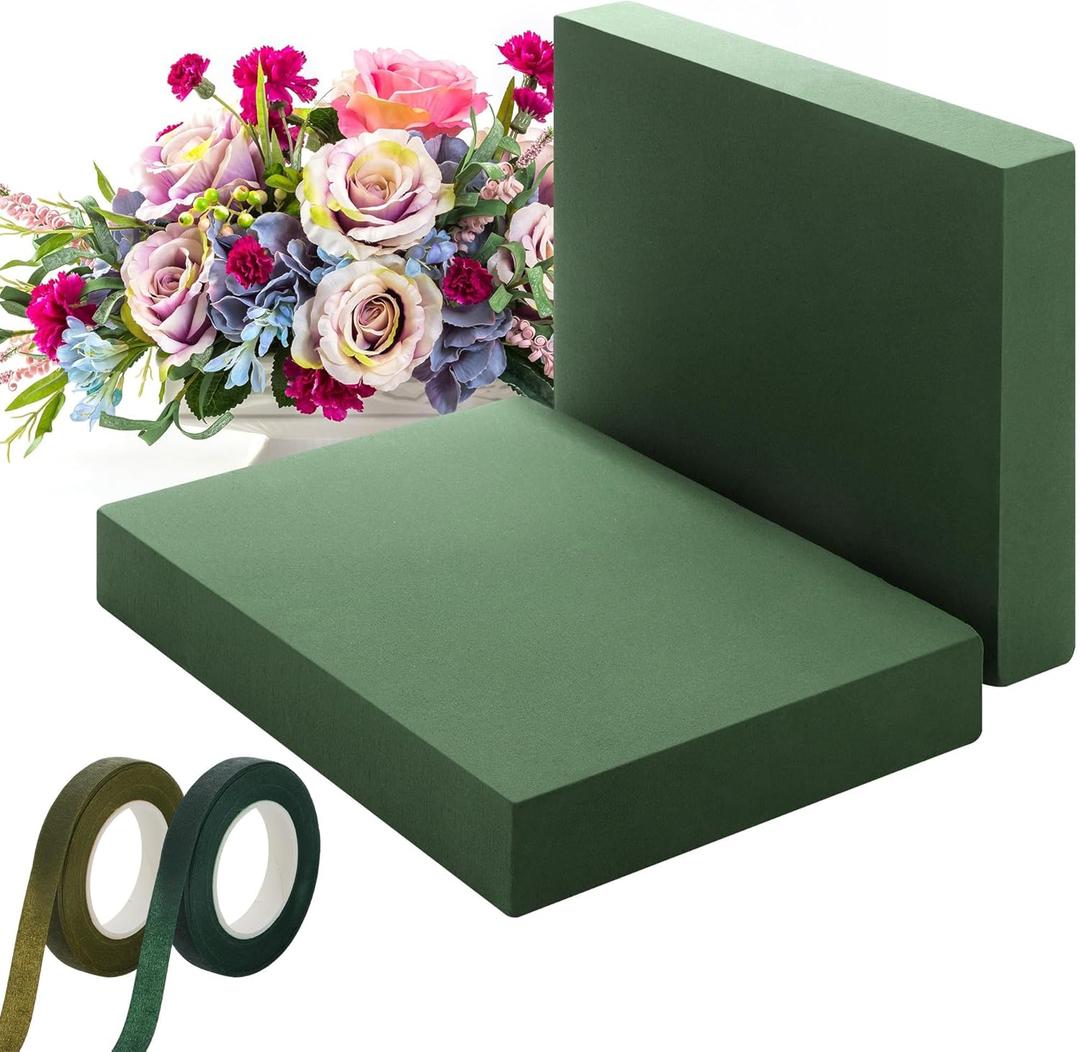 Elcoho 2 Pack Large Floral Foam Base 15.7"L x 11.8"W x 2.4"H Floral Foam Block with 4 Floral Tape Wet Dry Floral Foam Brick for Home Wedding Centerpieces Fresh or Artificial Flowers DIY Arts Crafts