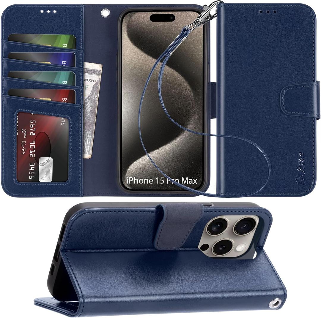 Arae Compatible with iPhone 15 Pro Max Case with Card Holder and Wrist Strap Wallet Flip Cover for iPhone 15 Pro Max 6.7 inch,Blue Arae Compatible with iPhone 15 Pro Max Case with Card Holder and Wrist Strap Wallet Flip Cover for iPhone 15 Pro Max 6.7 inch,Blue