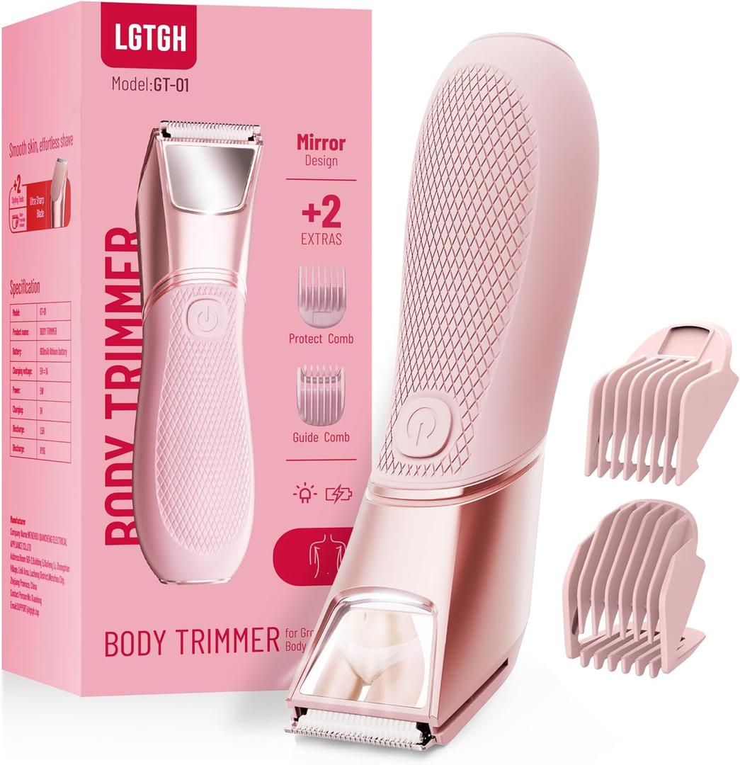 Rechargeable Bikini Trimmer for Women: Pubic Hair Razor with Mirror & LED Light - IPX7 Waterproof Electric Shaver, Travel Lock & Ceramic Blades for Legs Underarm - Deep Pink