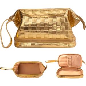 Abiudeng Large Capacity Makeup Bag Ladies Cosmetic Bag Travel Bag with Compartments Portable PU Leather Travel Makeup Bag with Handle (Checkerboard-Golden)