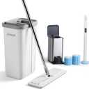 JOYMOOP White Flat Mop & Bucket with 1 Microfiber Pad, 12 Disposable Toilet Brushes, Stainless Steel Toilet Brush and Holder Set, Multi-Functional Cleaner for Floors, Windows, and Toilets