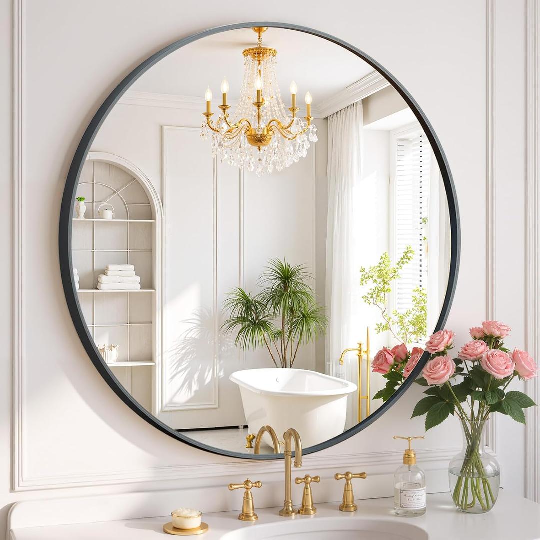 Round Wall Mirror 24 Inch Black Vanity Mirror with Metal Frame, Modern Circle for Bathroom, Entryway, Bedroom, Living Room, Wall Mounted Decorative Mirrors