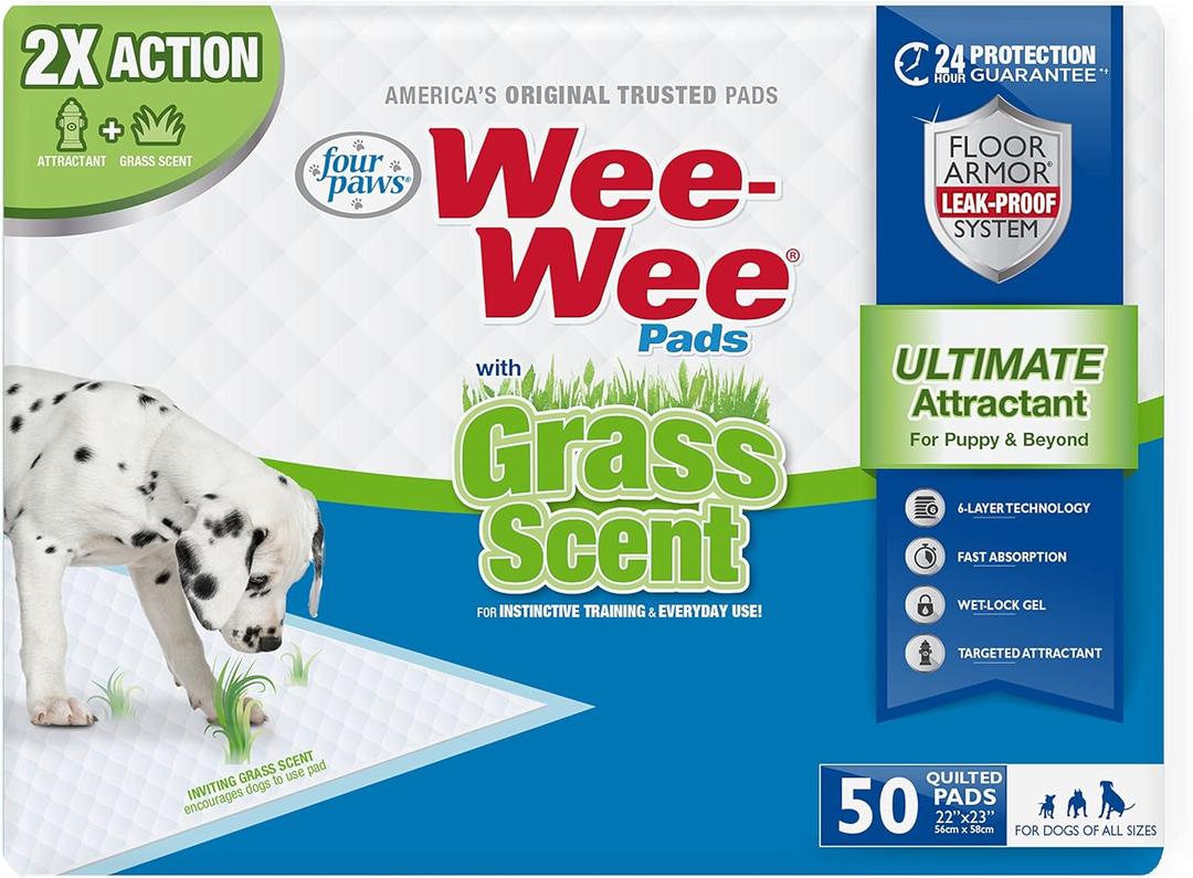 Four Paws Wee-Wee Ultimate Attractant Dog Pee Pads for Instinctive Training, Leak-Proof Floor Protection Dog & Puppy Quilted Potty Training Pads, Grass Scent, 22" x 23" (50 Count) (White)