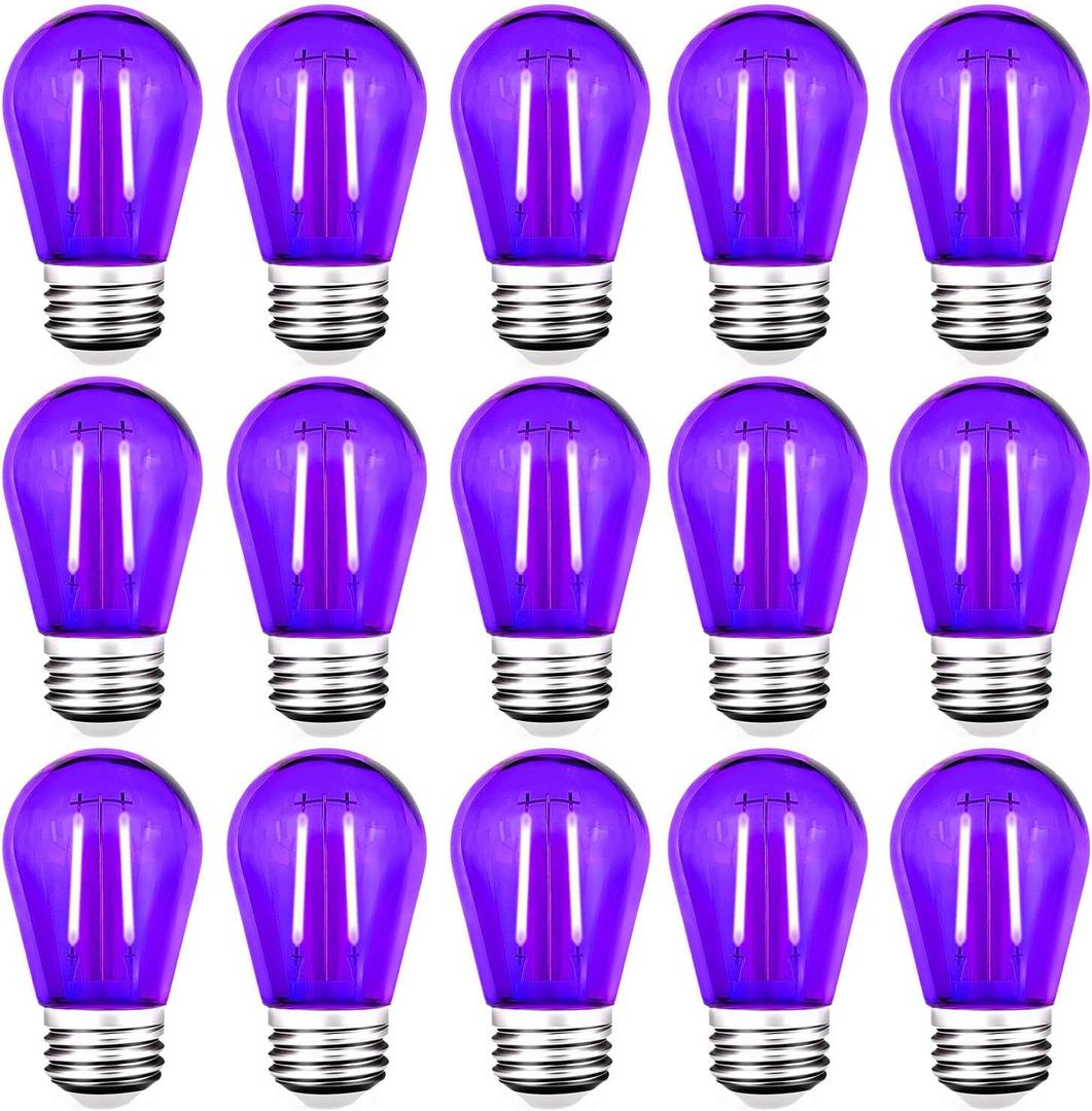 15 Pack S14 LED String Light Bulbs, Shatterproof 2 Watt Purple Replacement Bulbs for Outdoor String Light, Waterproof Decorative E26 Base Purple Filament Halloween Edison Lights, 120V