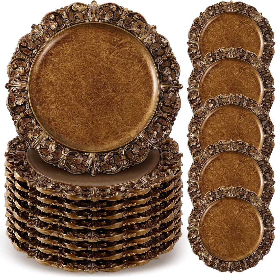 30 Pcs Antique Gold Charger Plates Bulk 13 Inch Embossed Rim Plastic Round Decorative Vintage Plates Charger for Dinner Wedding Party Event Table Setting Decoration (Vintage)