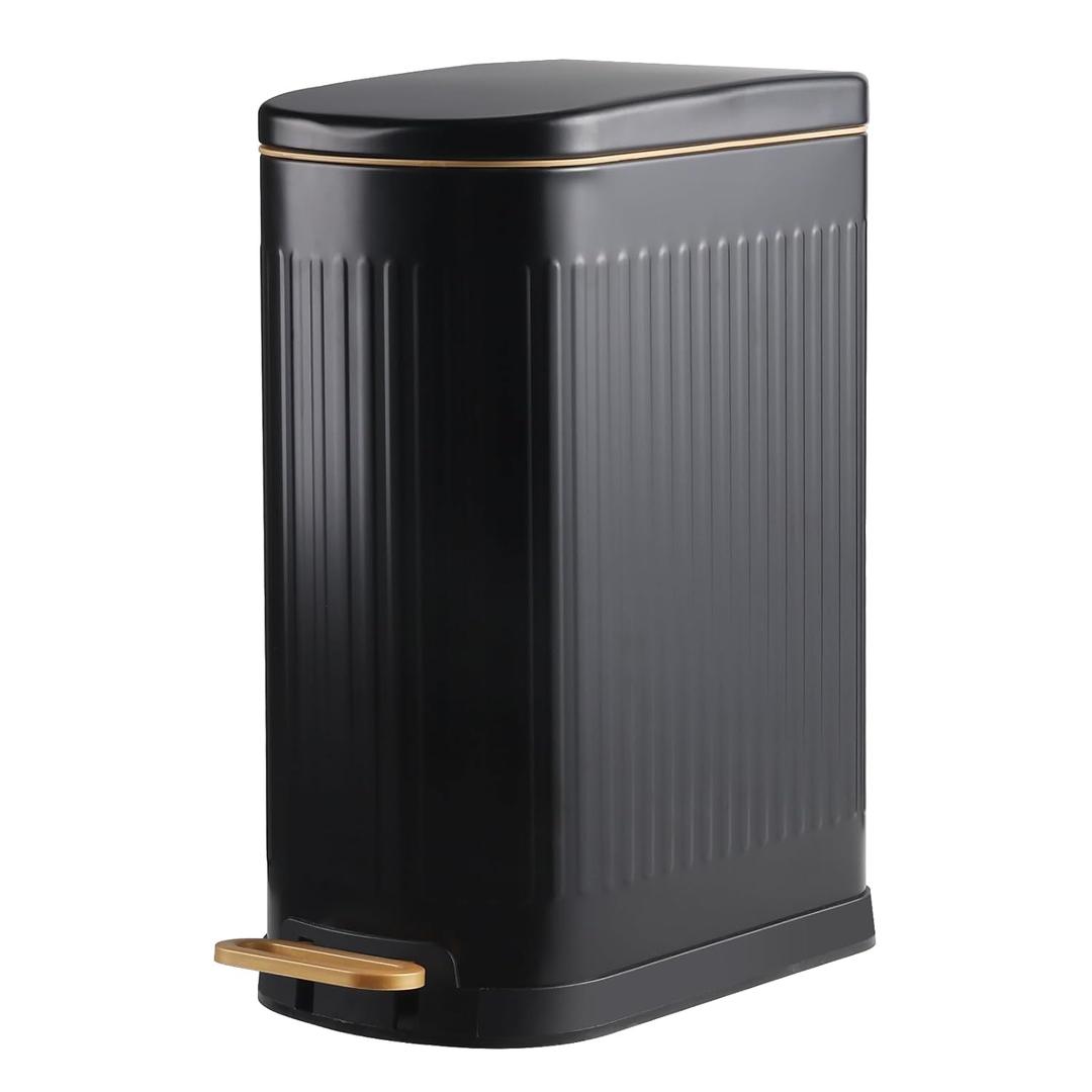 Slim Bathroom Trash Can with Lid Stainless Steel Garbage Can Soft Close Step Trash Bin with Removable Inner Bucket for Bedroom, Office, Kitchen (Matt Black, 3.5 Gallons)