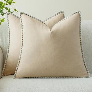 Linen-Look Pillow Covers Set of 2, Decorative Throw Pillow Covers 20 x 20 Inch, Neutral Boho Shell Seamed Cushion Soft Farmhouse Vintage Cozy Home Decor for Living Room Bedroom, Beige