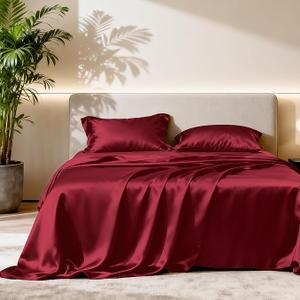 Ersmak 7 Pieces Satin Sheets Set Queen Size, Luxury Silky Red Satin Bed Sheets Set with 1 Deep Pocket Fitted Sheet, 1 Soft Flat Sheet, 4 Queen Pillowcases and 1 Body Pillowcase