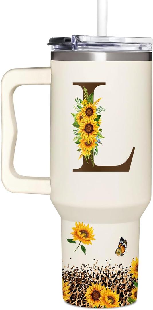 Personalized Birthday Gifts For Women - Sunflowers Monogrammed Cup For Boss Day, Christmas - Customized Gifts For Women, Mom, Wife, Coworkers, Boss Lady, Her - Custom Tumbler With Handle 40oz