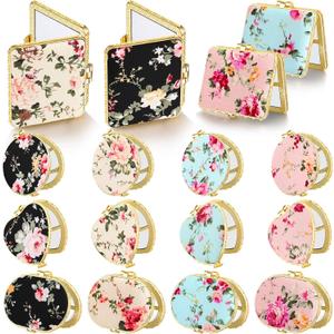 Blulu 16 Pcs Compact Mirrors for Purse Bulk Small Flower Pocket Mirror Vintage Portable Floral Folding Tea Party Favors Return Christmas Gifts for Women Birthday Wedding Makeup Travel(Gold Edge)