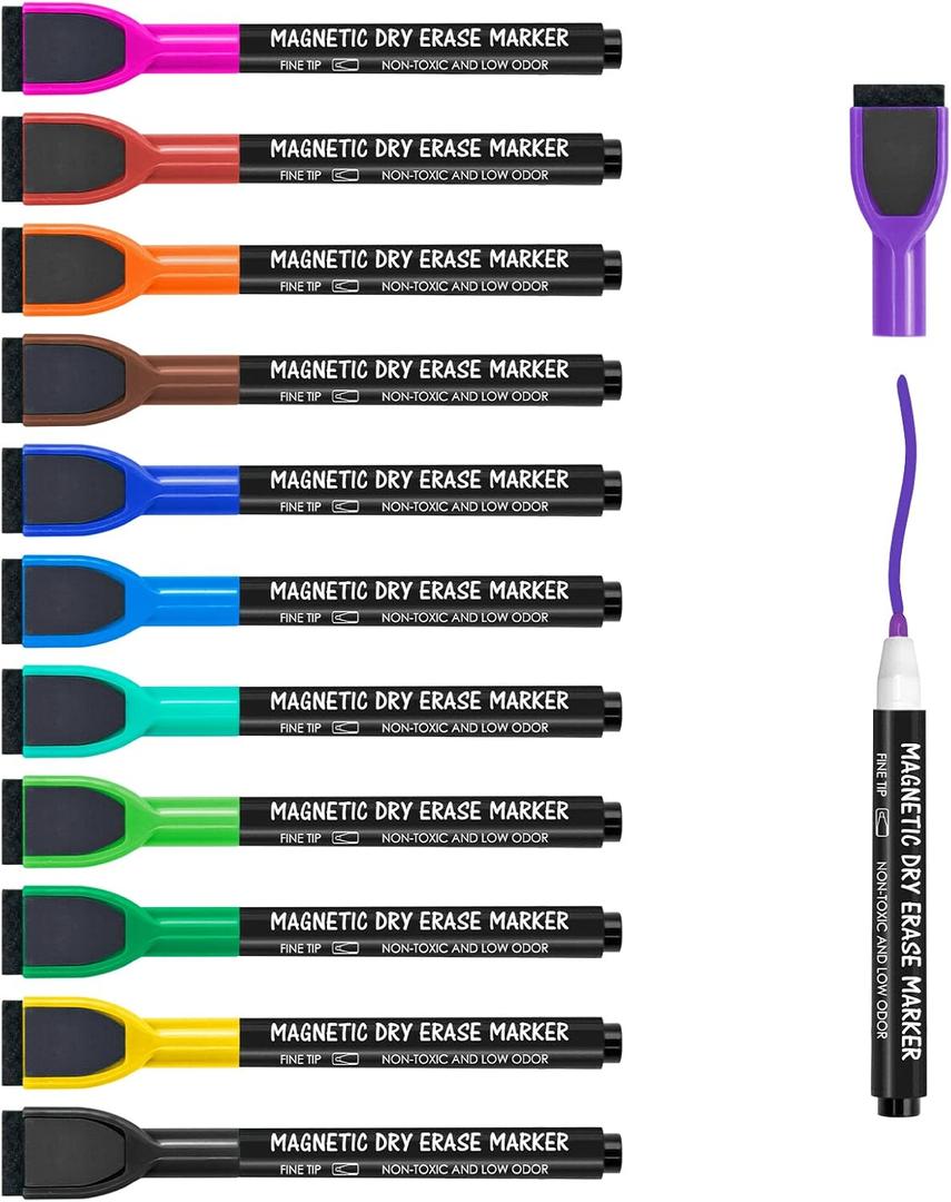 Maxtek Magnetic Whiteboard Markers - 12 Count Colorful Fine Tip Dry Erase Markers with Eraser for Kids, Low Odor Thin Markers for Calendar Boards
