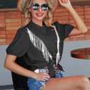MYMORE Womens 2025 Western Cowgirl Rhinestone Fringe Shirt Blouse Sparkly Puff Short Sleeve Button Down Shirt Jacket Dolly Costume Parton Nashville Cowboy Rodeo Country Concert Outfit Costume Black XL
