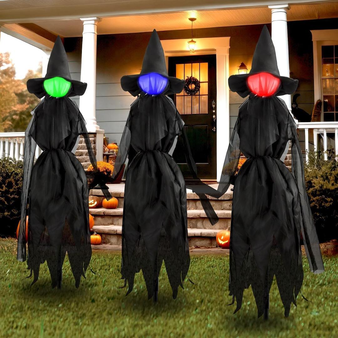 5.4Ft Halloween Light Up Witches Outdoor Yard Decorations, Set of 3 Halloween Witches Stakes Decor with Multiple Colors LED Lights, The Witch Hat Haunted House Prop for Garden Lawn Party Halloweens