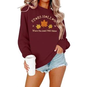 Stars Hollow Sweatshirt Women Leaf Graphic Long Sleeve Shirt Fall Vacation Crewneck Drop Shoulder Pullover Tops, Size: XL