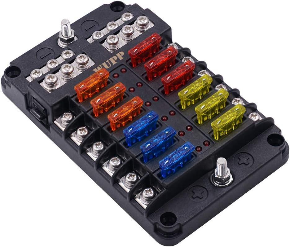 WUPP Boat Marine Fuse Block Panel with LED Warning Indicator Damp-Proof Cover - 12 Circuits with Negative Bus Fuse Box Holder Screw for Car Marine RV Truck DC 12-24V, Fuses Included (12-circ W/Cover & Neg)
