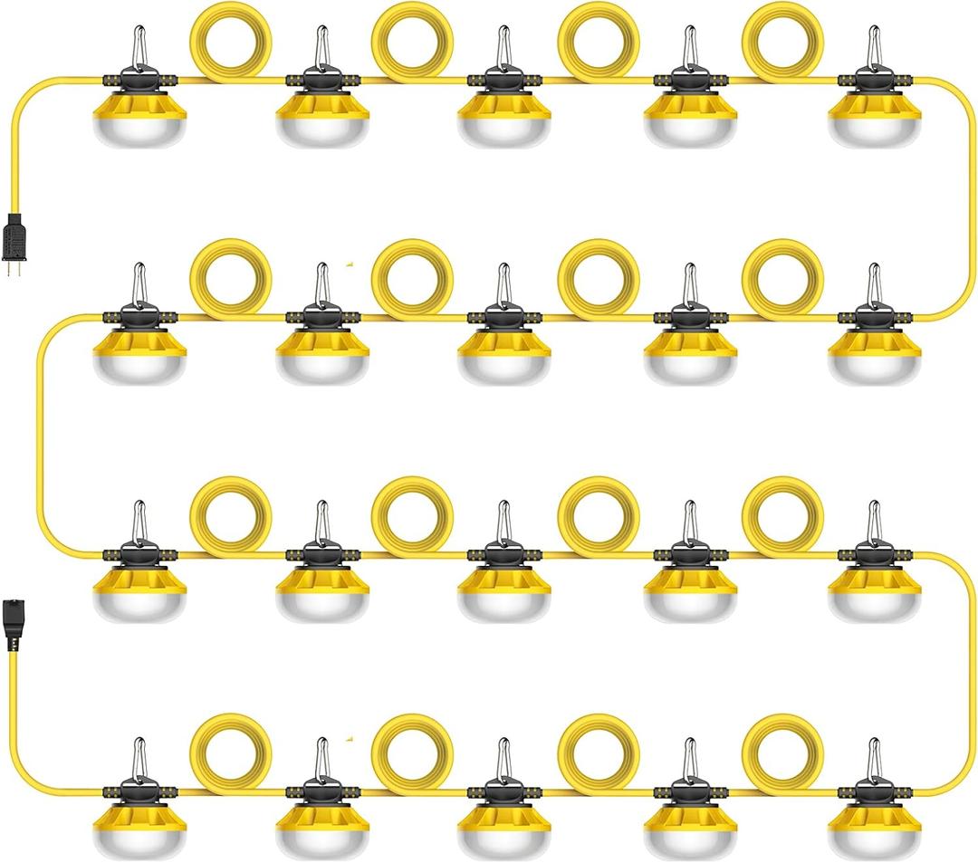 Construction Lights String Temporary Lighting, 200ft Work String with 20 Integrated Jobsite LED Lights 20000LM Super Bright, Carabiner Hooks - 20 Bulbs (Yellow) Construction Lights String Temporary Lighting, 200ft Work String with 20 Integrated Jobsite LED Lights 20000LM Super Bright, Carabiner Hooks - 20 Bulbs (Yellow)