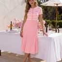 ZESICA Women's 2026 Casual Striped Midi Dress Crewneck Short Sleeve Button Ribbed Knit Swing Pleated A Line Dresses (Pink, S)