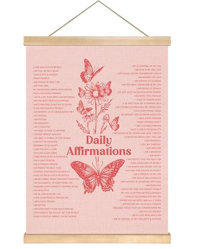 Daily Affirmations Wall Art Poster, 14x18.5 Inch Linen Canvas Wall Hanging Poster, Positive Quotes Motivational Decor for Self Love, Confidence, Mindfulness, Classroom, Office, or Bedroom(Pink-Butterfly)