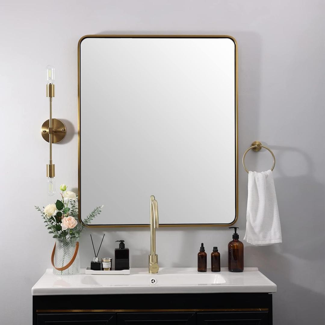 ANDY STAR Gold Bathroom Mirror for Wall, 30x36 Brushed Gold Rounded Rectangle Mirror for Vanity in SUS304-Anti-Rust, Wall-Mounted Horizontal/Vertical 1 Deep (Brass)