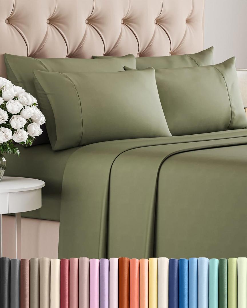 Cal King 6 Piece Sheet Set - Comfy Breathable & Cooling - Soft Hotel Luxury Bedding Set with 8-16 Inch Deep Pockets - 1 Flat & 1 Fitted Sheet & 4 Pillowcases - Wrinkle Free & Easy Care - Sage Green
