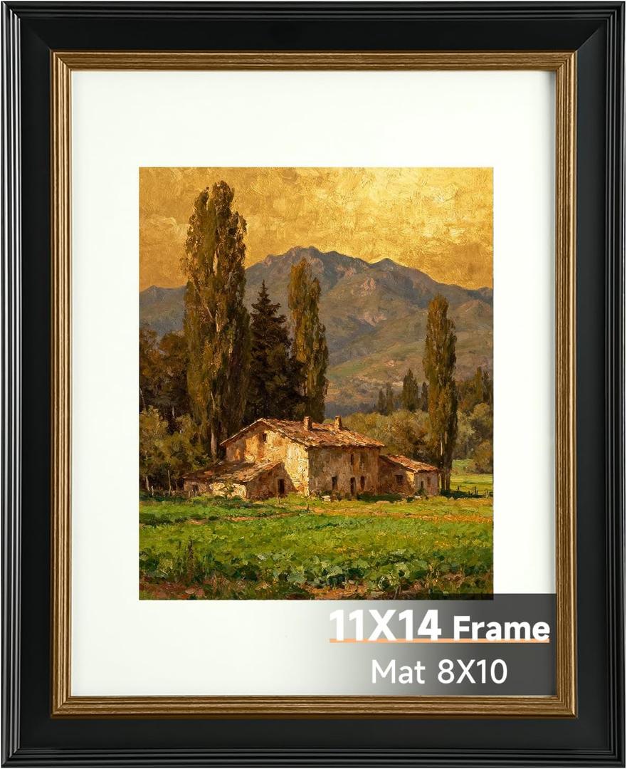 11x14 Black Picture Frame, 11 x 14 Vintage Photo Frame with Real Glass, Antique Style Picture Frames for Wall & Tabletop, Display Poster 8x10 with Mat or 11x14 without Mat, Black with Gold Trim