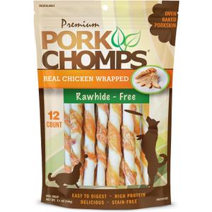 Pork Chomps Baked Pork Skin Dog Chews, 5-inch Mini Twists, Real Chicken Wrap, 12 Count (BBD: 02/13/2028)