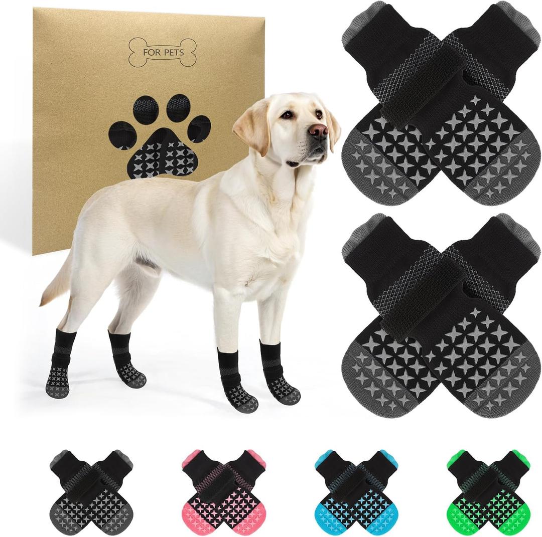 SCENEREAL Anti Slip Dog Socks to Prevent Licking Paws, Dog Booties & Paw Protectors for Hot Pavement Hardwood Floors, Traction Control for Small Medium Large Senior Dogs, Grey L