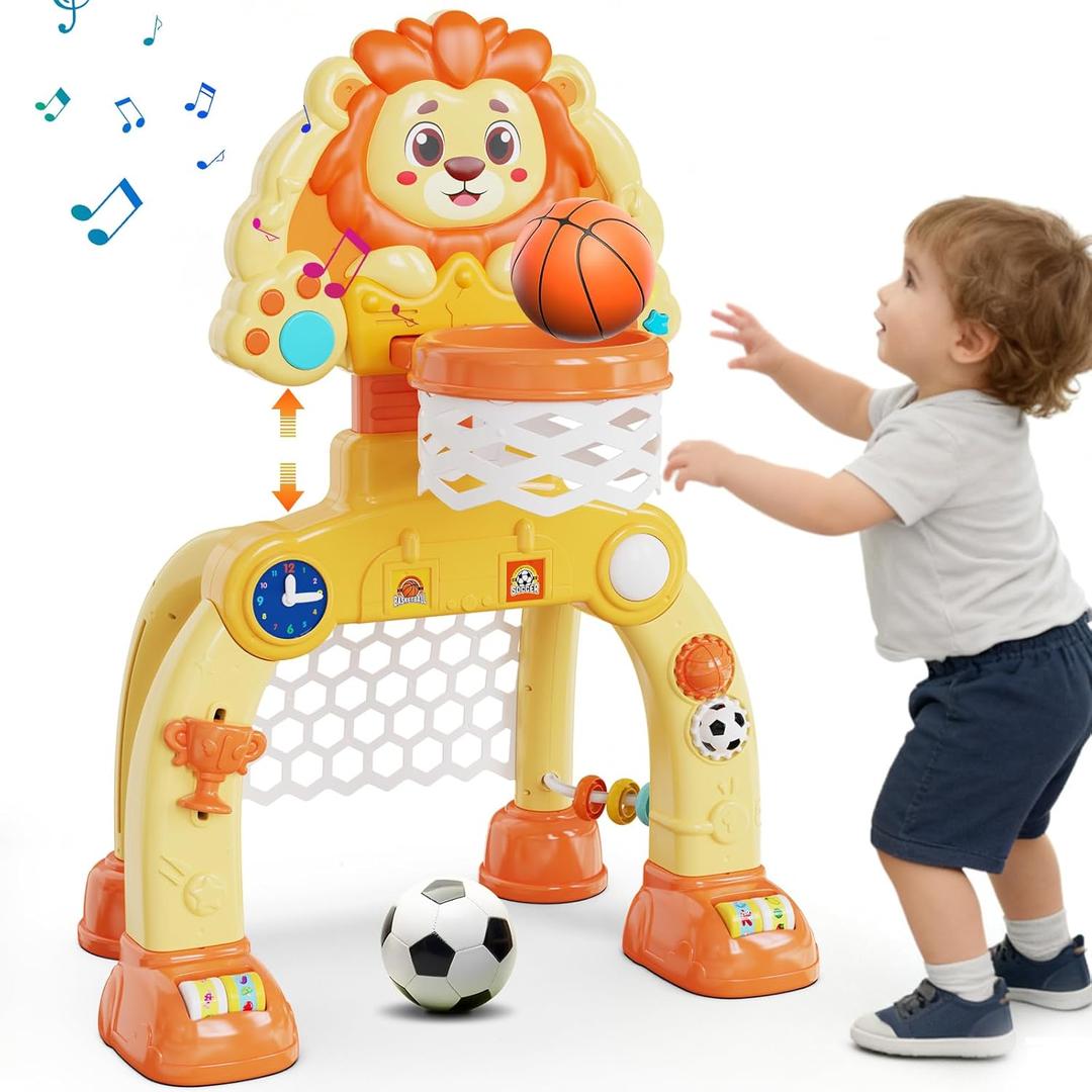 Toddler Basketball Hoop Soccer Goal for Kids 1-3, Baby Toys for 1 Year Old Boy Gifts, Kids Sports Toy with Light Sound Music, Baby Interactive Toys for Christmas Birthday Gifts for Boy Girls (Lion)